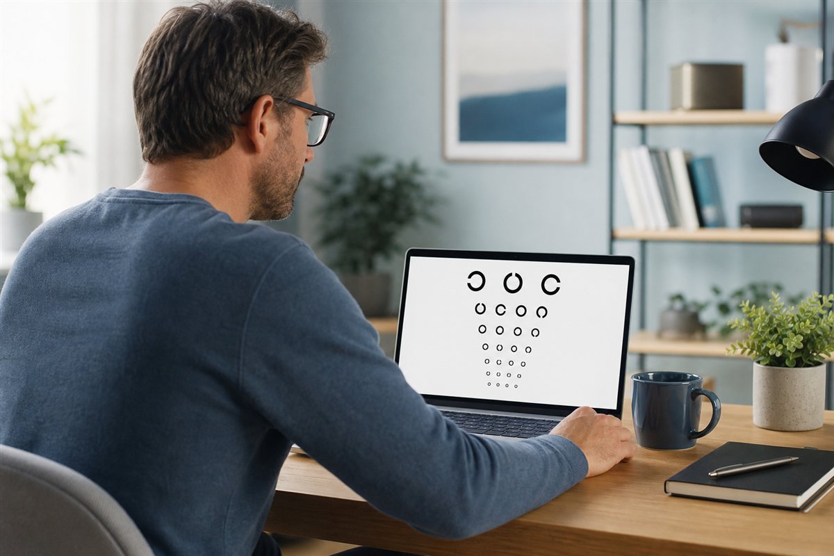An adult following a non-clinical vision screening exercise on a laptop at home