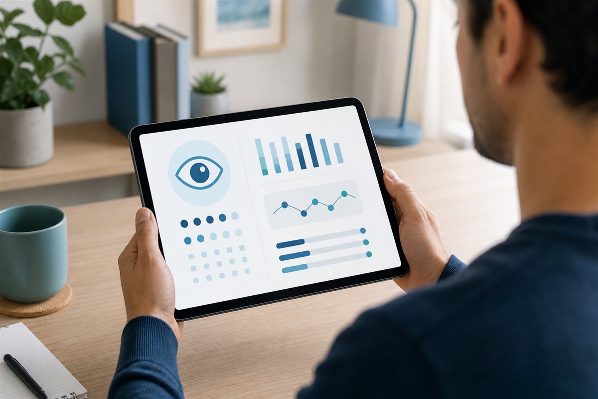 Illustration of an adult reviewing a generic, non-diagnostic vision-screening summary on a tablet